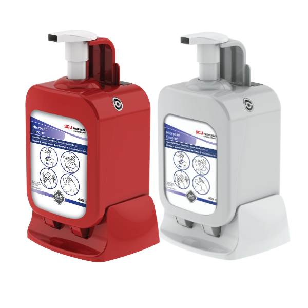 Image of Red and White Point of Care Dispenser with 400ml bottle of Microsan Encore
