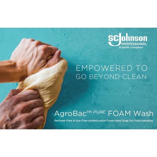 Image of hands kneading dough with the text "Empowered to go beyond clean" for AgroBac Pure Foam Wash