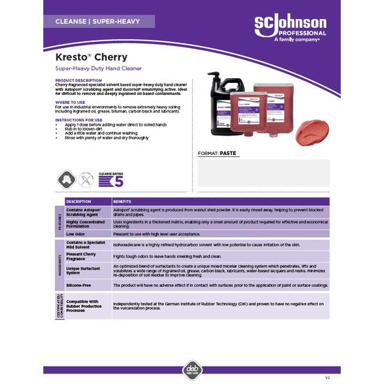 SCJ Professional kresto cherry heavy duty hand cleaner product information sheet
