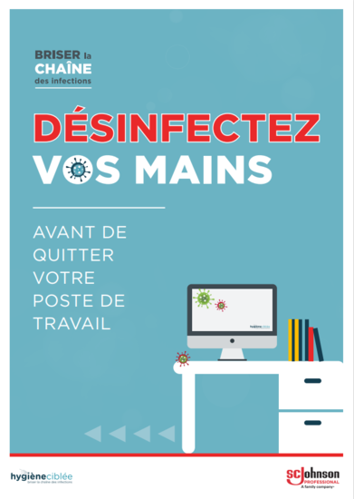 Poster Hygiène Ciblée - désinfectez vos mains avant et après avoir quitté votre bureau